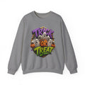 Graphite Heather crewneck sweatshirt laid flat, printed with a huddle of wide-mouthed ghosts rises between two carved pumpkins