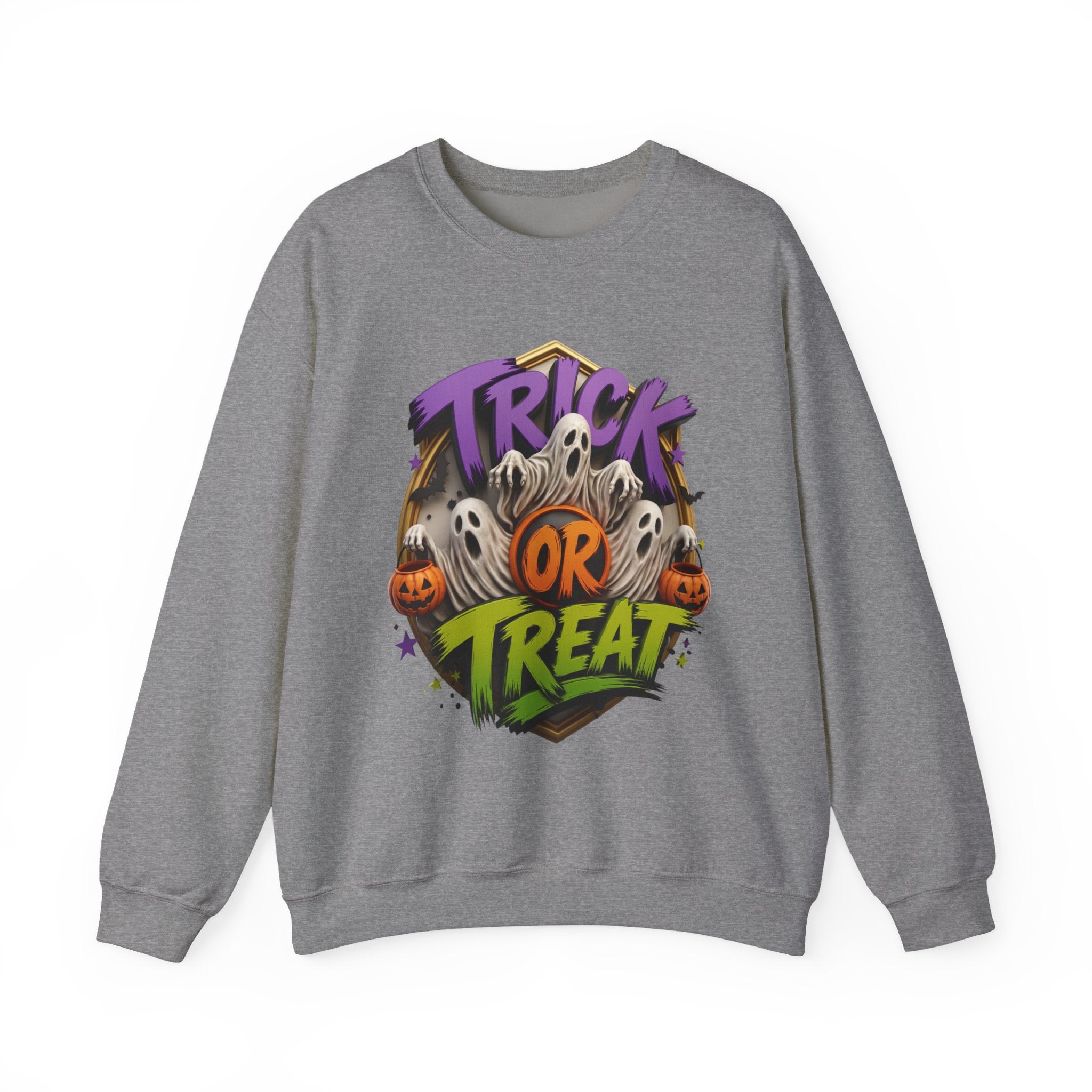 Graphite Heather crewneck sweatshirt laid flat, printed with a huddle of wide-mouthed ghosts rises between two carved pumpkins