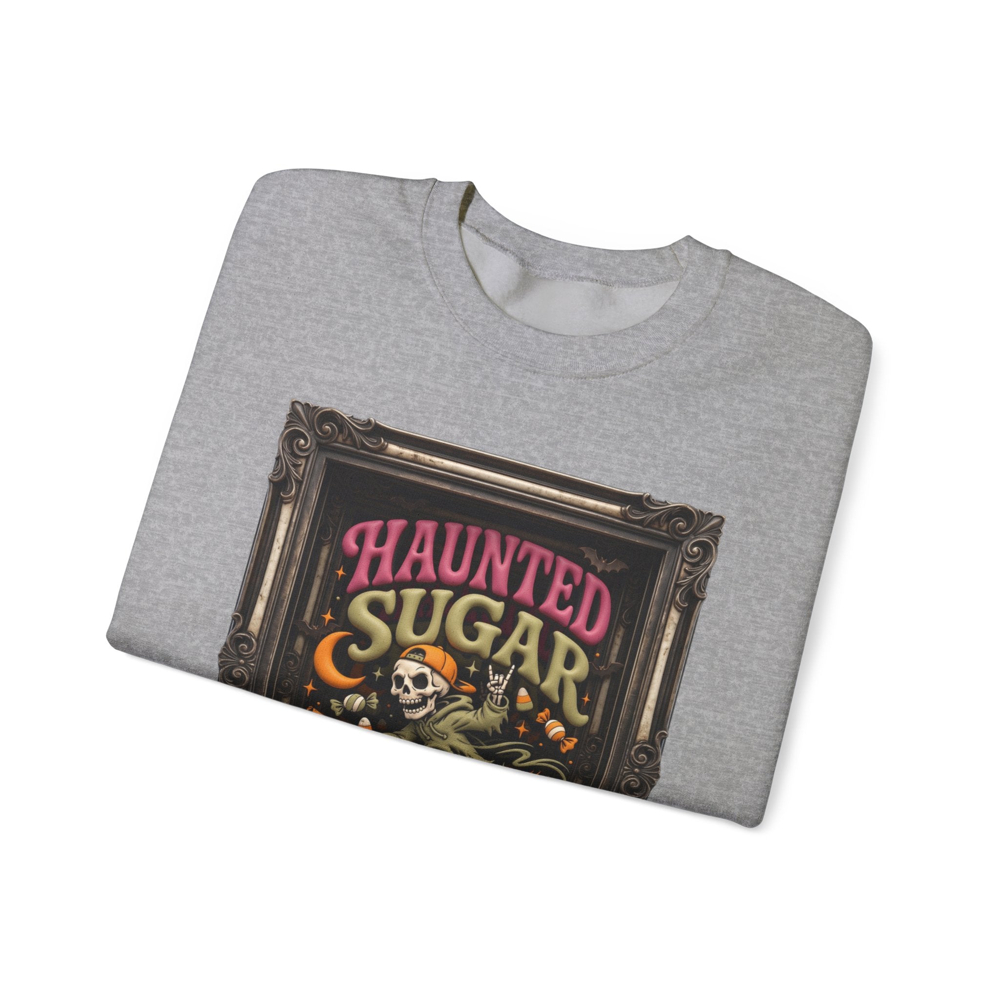 Sport Grey crewneck sweatshirt folded to show the hooded skeleton rides a broom past a crescent moon print