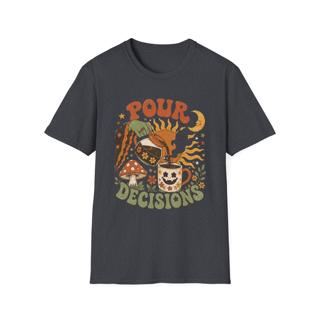 Dark Heather Grey t-shirt, plain back — green witch hand pouring coffee on the front