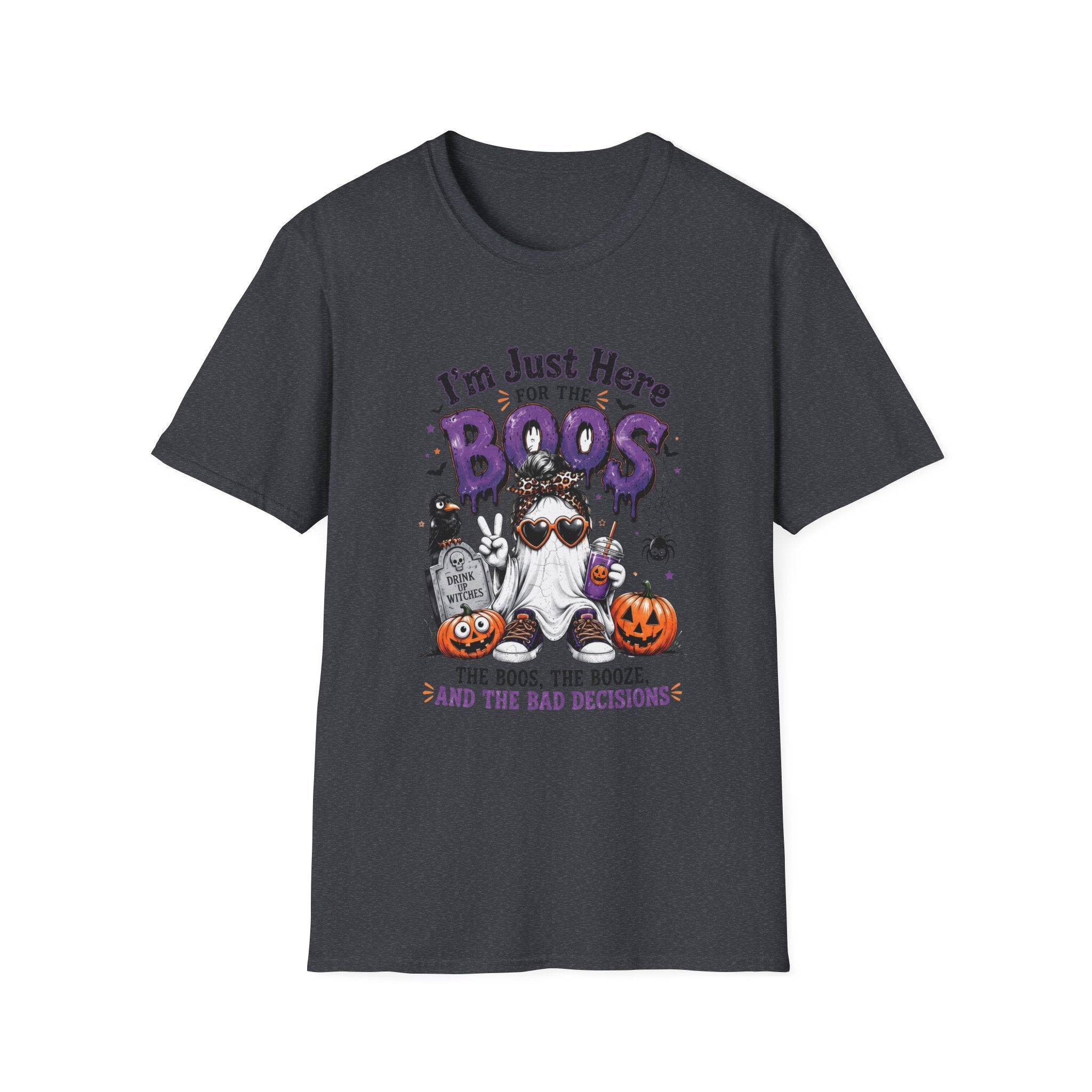 Dark Heather Grey t-shirt, plain back — cartoon ghosts in sunglasses over pumpkins on the front