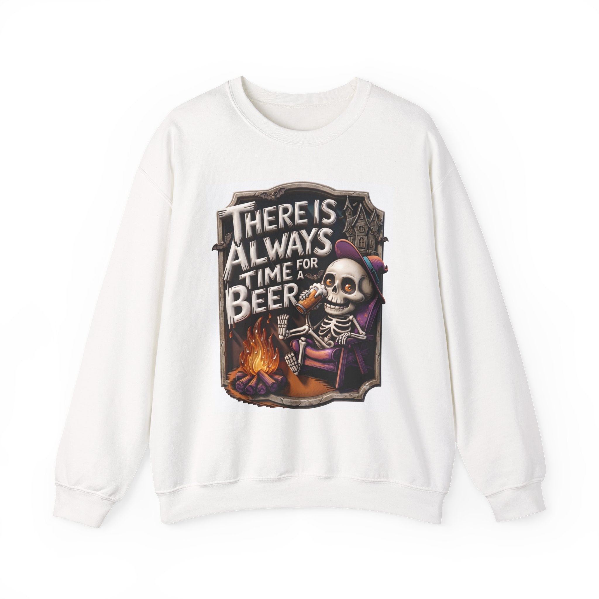 White crewneck sweatshirt laid flat, printed with a skeleton in a floppy purple hat kicks back