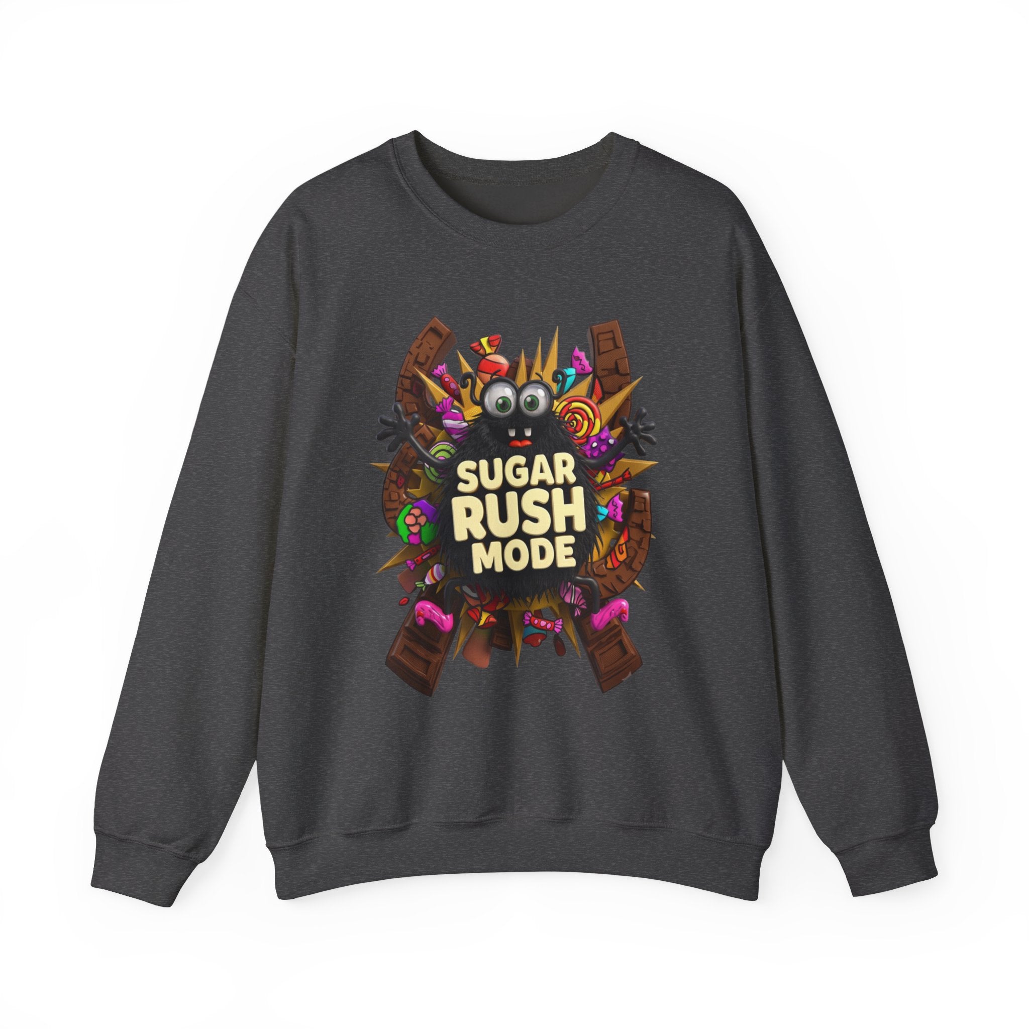 Dark Heather crewneck sweatshirt laid flat, printed with a fuzzy black monster with big googly eyes bursts out