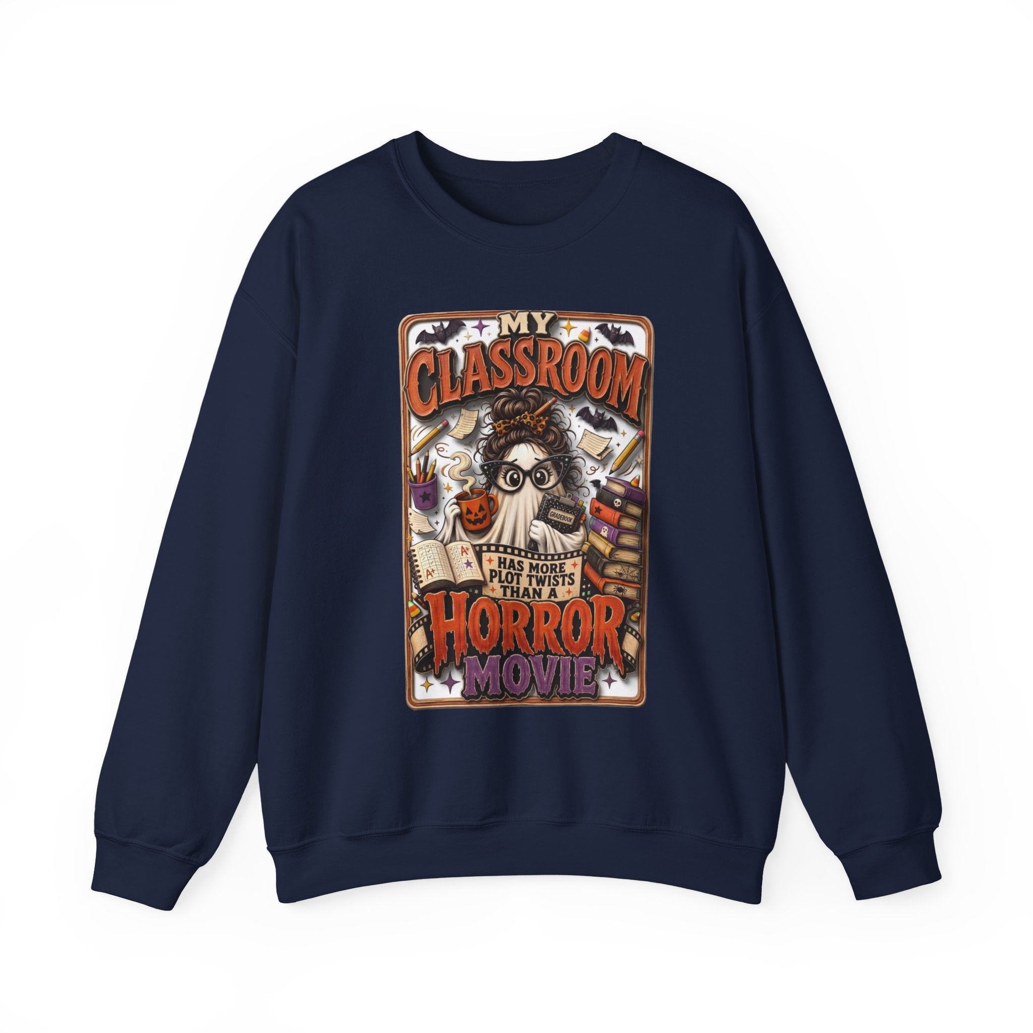 Navy crewneck sweatshirt laid flat, printed with a bespectacled ghost with a messy bun grades away among