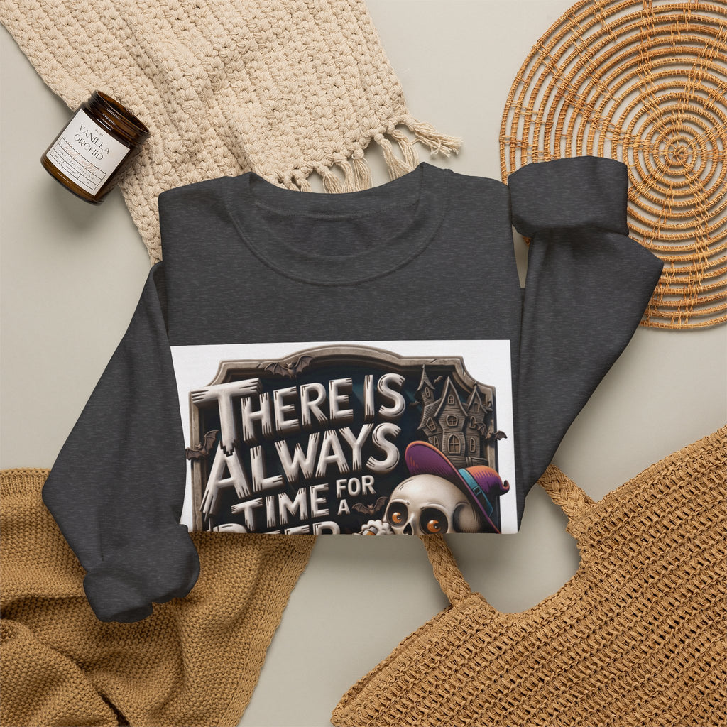 Dark Heather crewneck sweatshirt styled flat with a candle — skeleton in a floppy purple hat