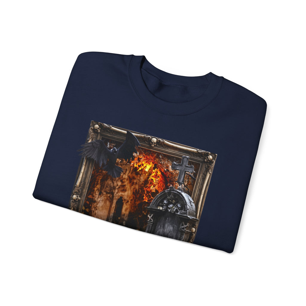 Navy crewneck sweatshirt folded to show the framed painterly scene of a stone tomb print