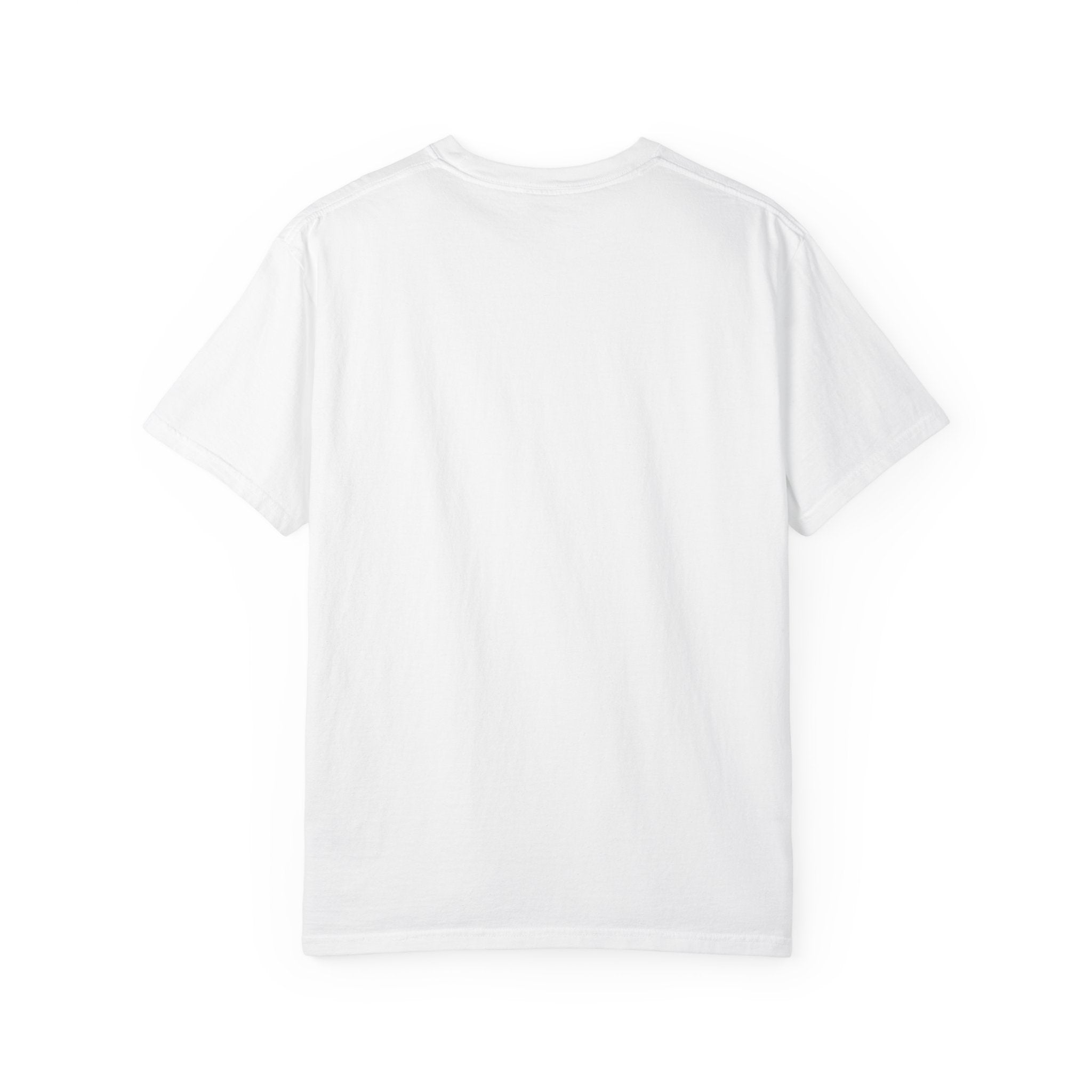 White t-shirt, plain back — tall striped mug in retro collage on the front