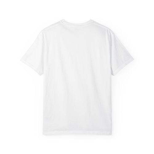 White t-shirt, plain back — tall striped mug in retro collage on the front