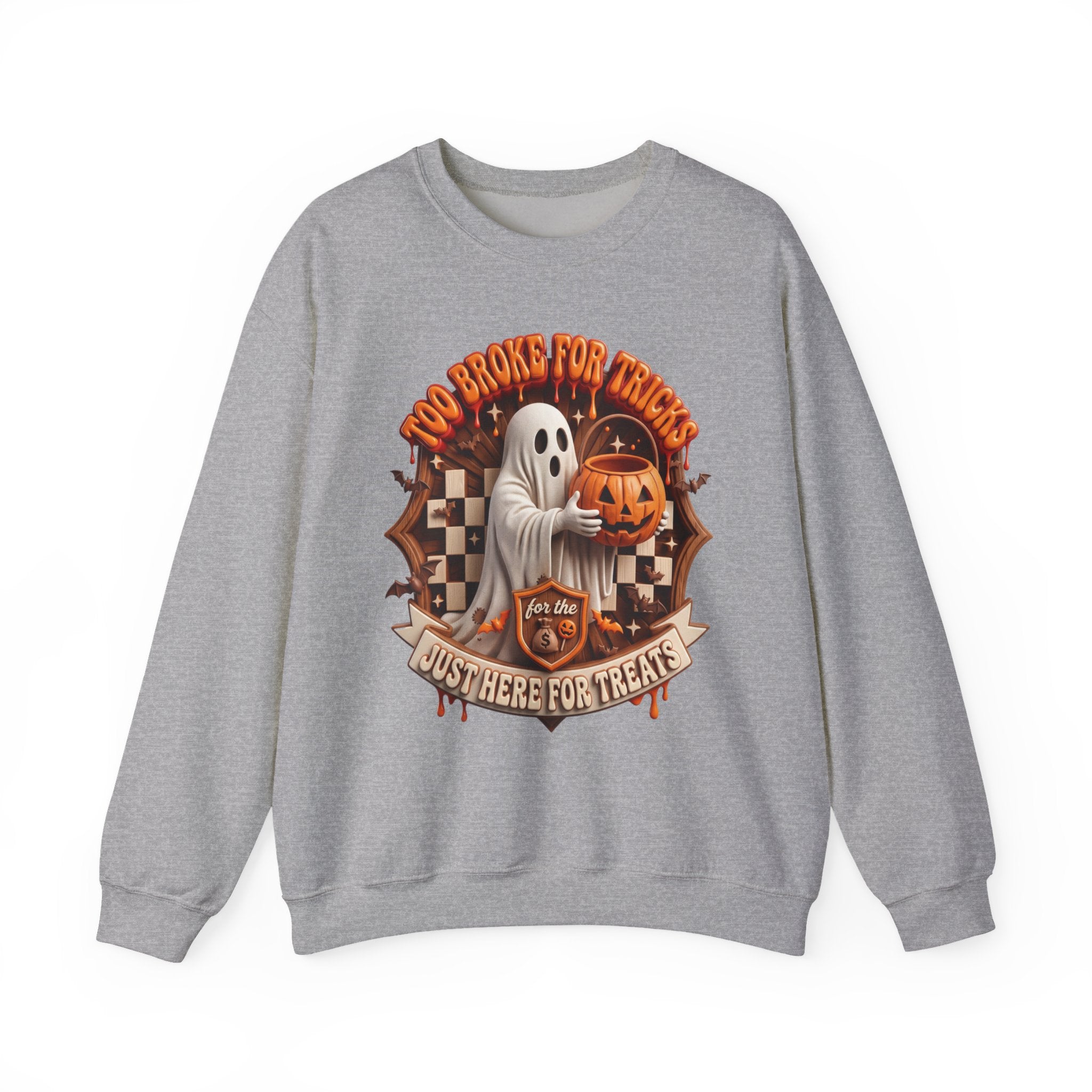 Sport Grey crewneck sweatshirt laid flat, printed with a sheet ghost hugs a jack-o-lantern candy pail