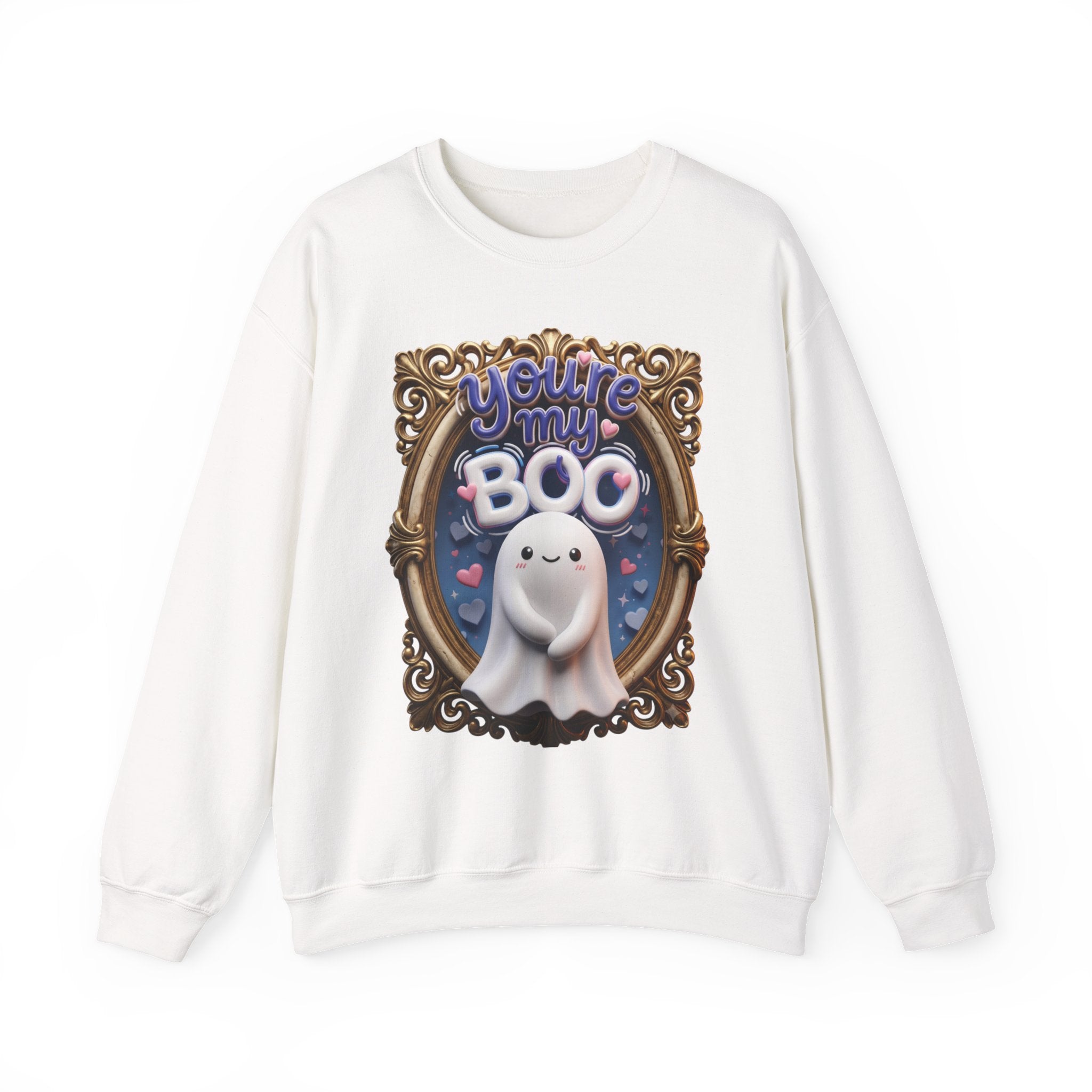 White crewneck sweatshirt laid flat, printed with a round smiling ghost floats inside a gilded vintage frame