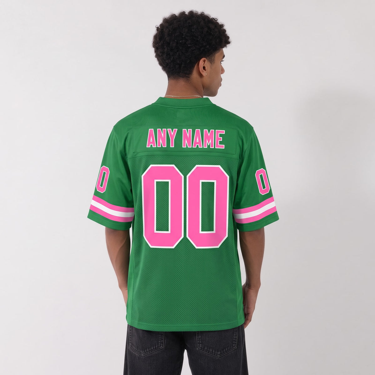 Custom Grass Green Pink-White Mesh Football Jersey - 3