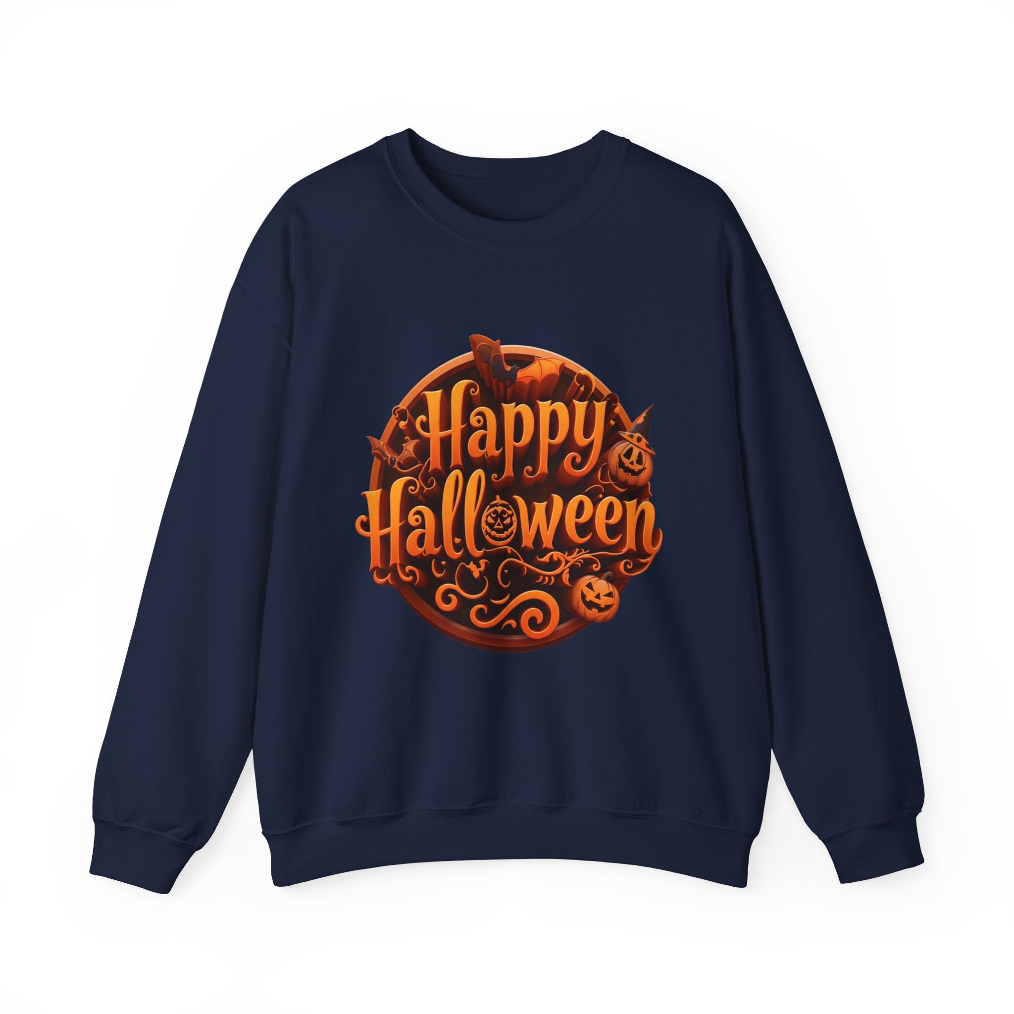 Navy crewneck sweatshirt laid flat, printed with a glowing orange happy halloween script fills a round badge