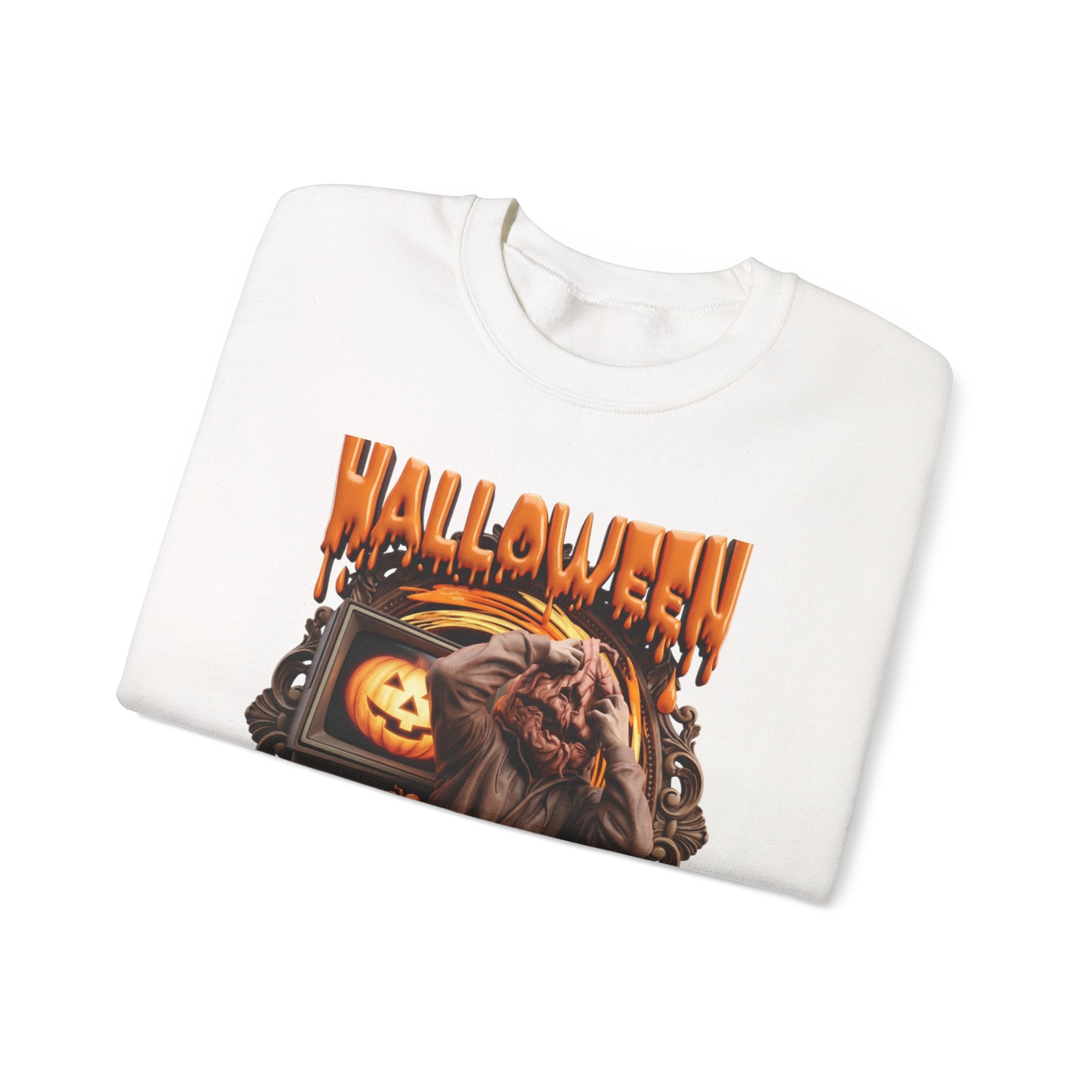 White crewneck sweatshirt folded to show the hunched monster claws at its own head print