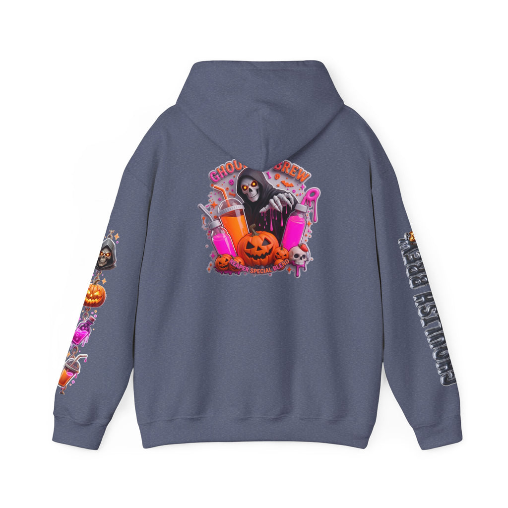 Heather Navy hoodie, plain back — Potion Co jack-o-lanterns and potion bottles on the front