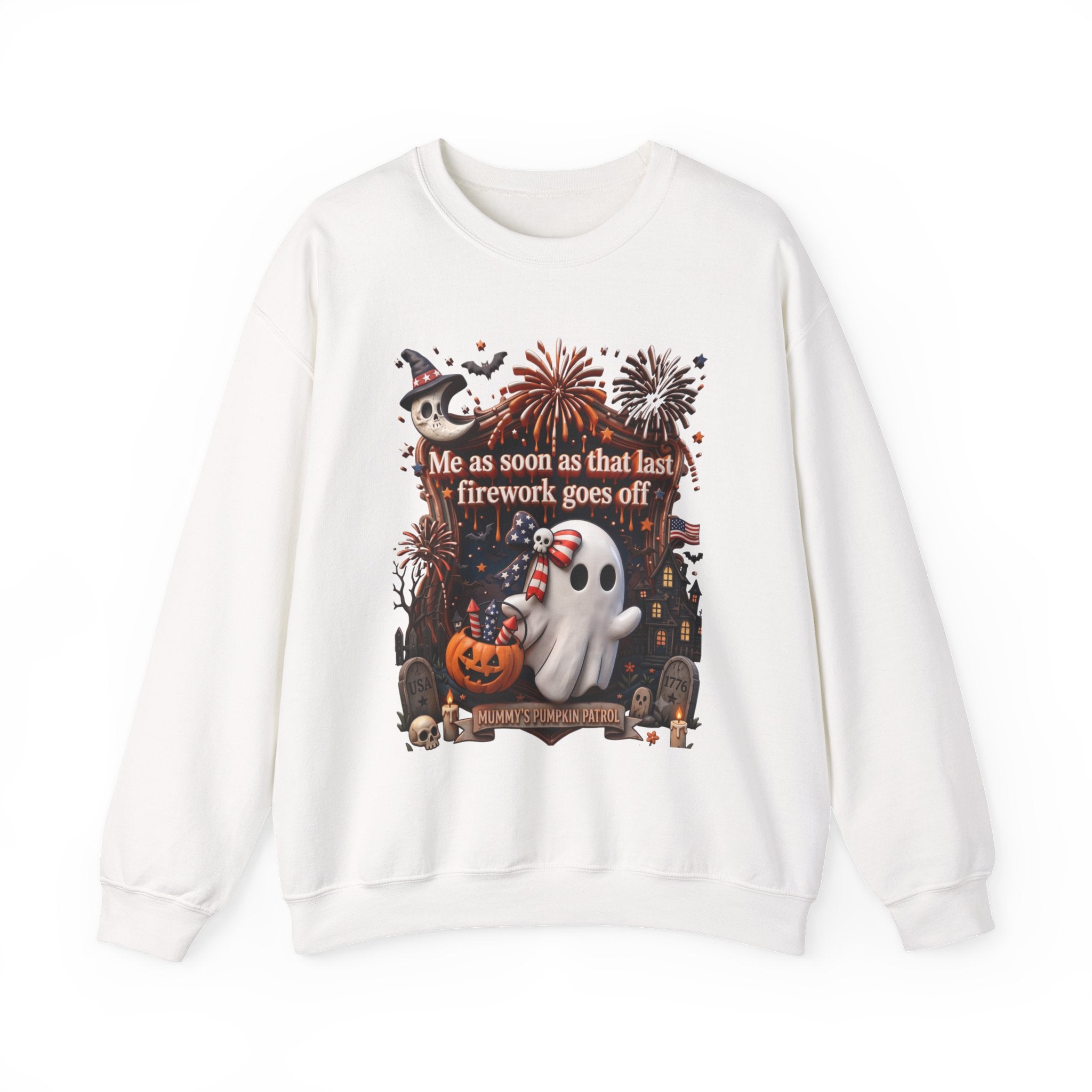 White crewneck sweatshirt laid flat, printed with a wide-eyed ghost clutches a striped firework