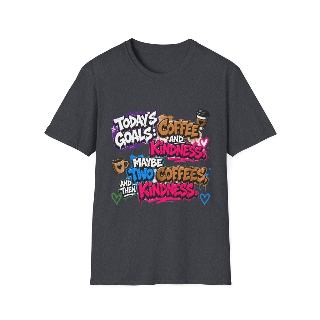 Dark Heather Grey t-shirt, plain back — graffiti lettering in electric pinks on the front