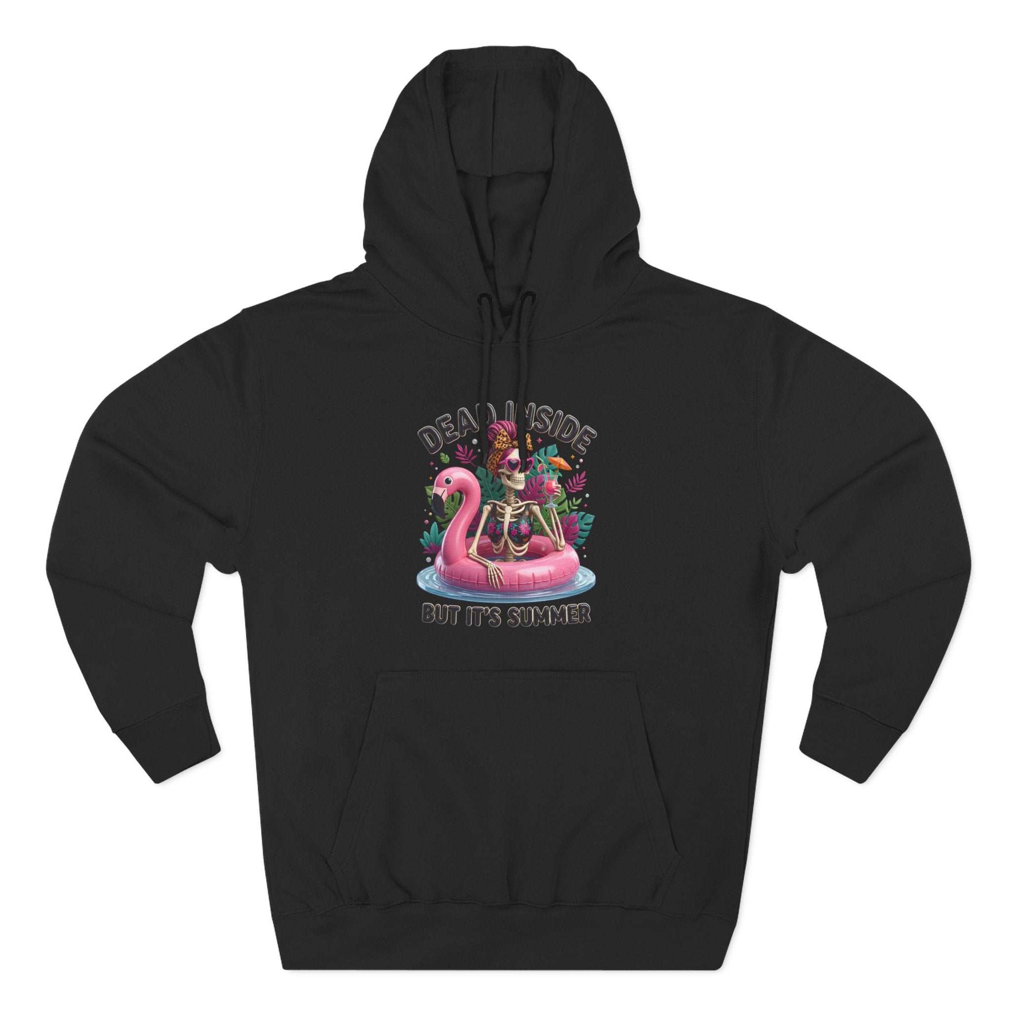 Black hoodie laid flat, printed with a deadpan summer joke for people who run cold