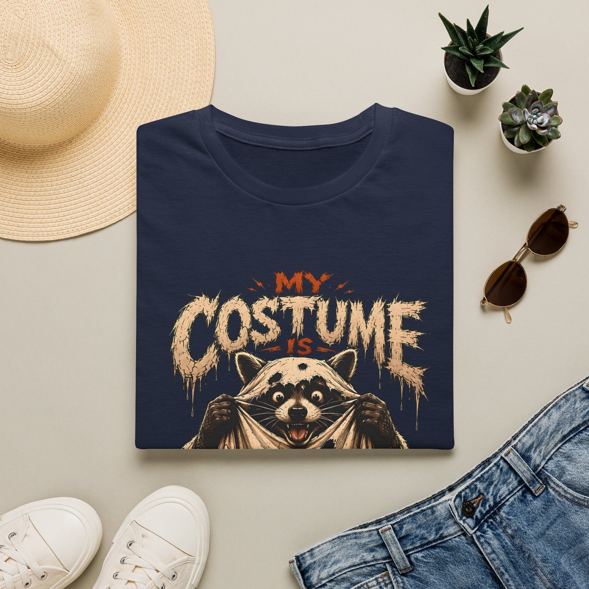Navy t-shirt styled flat with a candle — wide-eyed raccoon in a fur cape