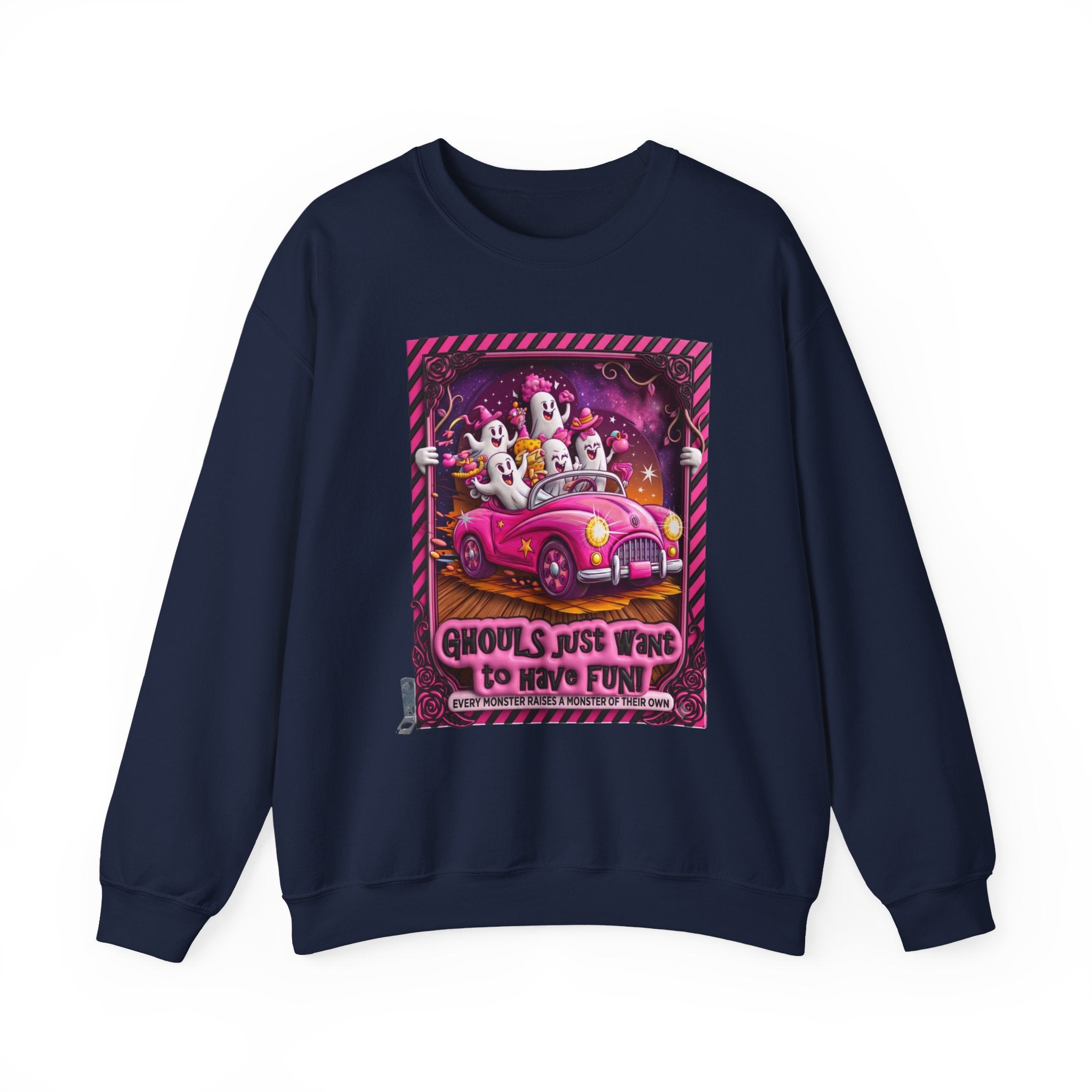 Navy crewneck sweatshirt laid flat, printed with a carload of smiling ghosts cruises in a bubblegum pink