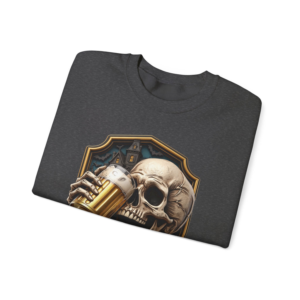 Dark Heather crewneck sweatshirt folded to show the cracked skull lifts a frothy beer mug inside print