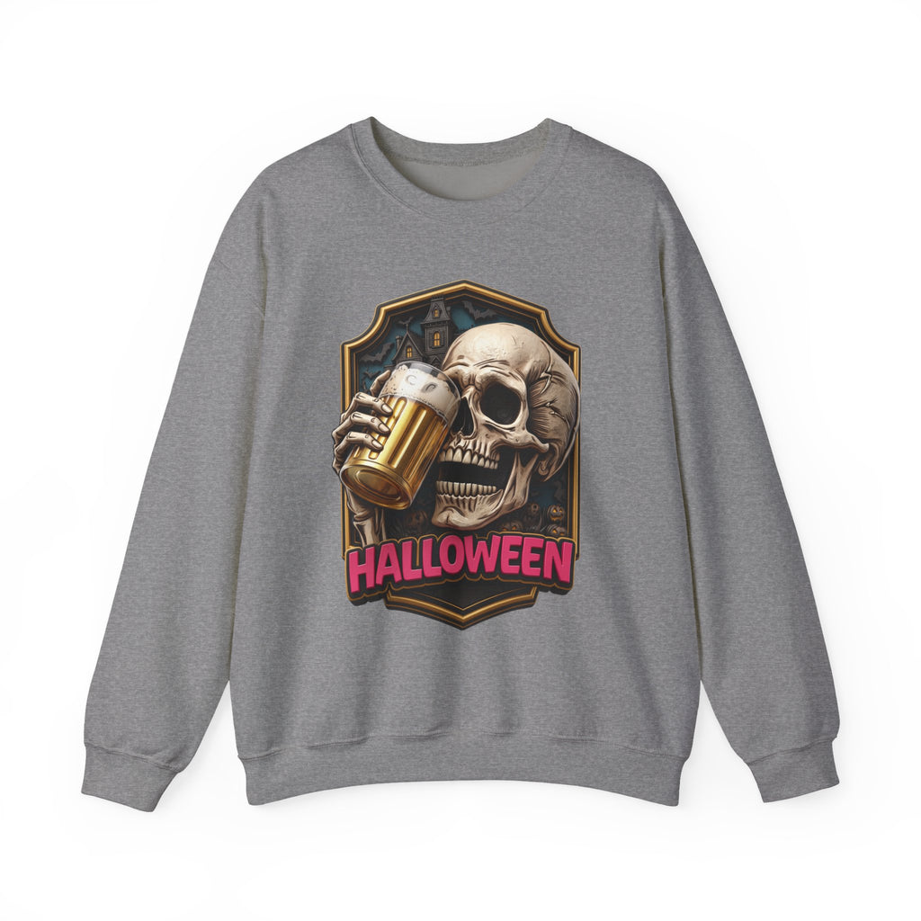 Graphite Heather crewneck sweatshirt laid flat, printed with a cracked skull lifts a frothy beer mug inside