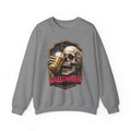 Graphite Heather crewneck sweatshirt laid flat, printed with a cracked skull lifts a frothy beer mug inside
