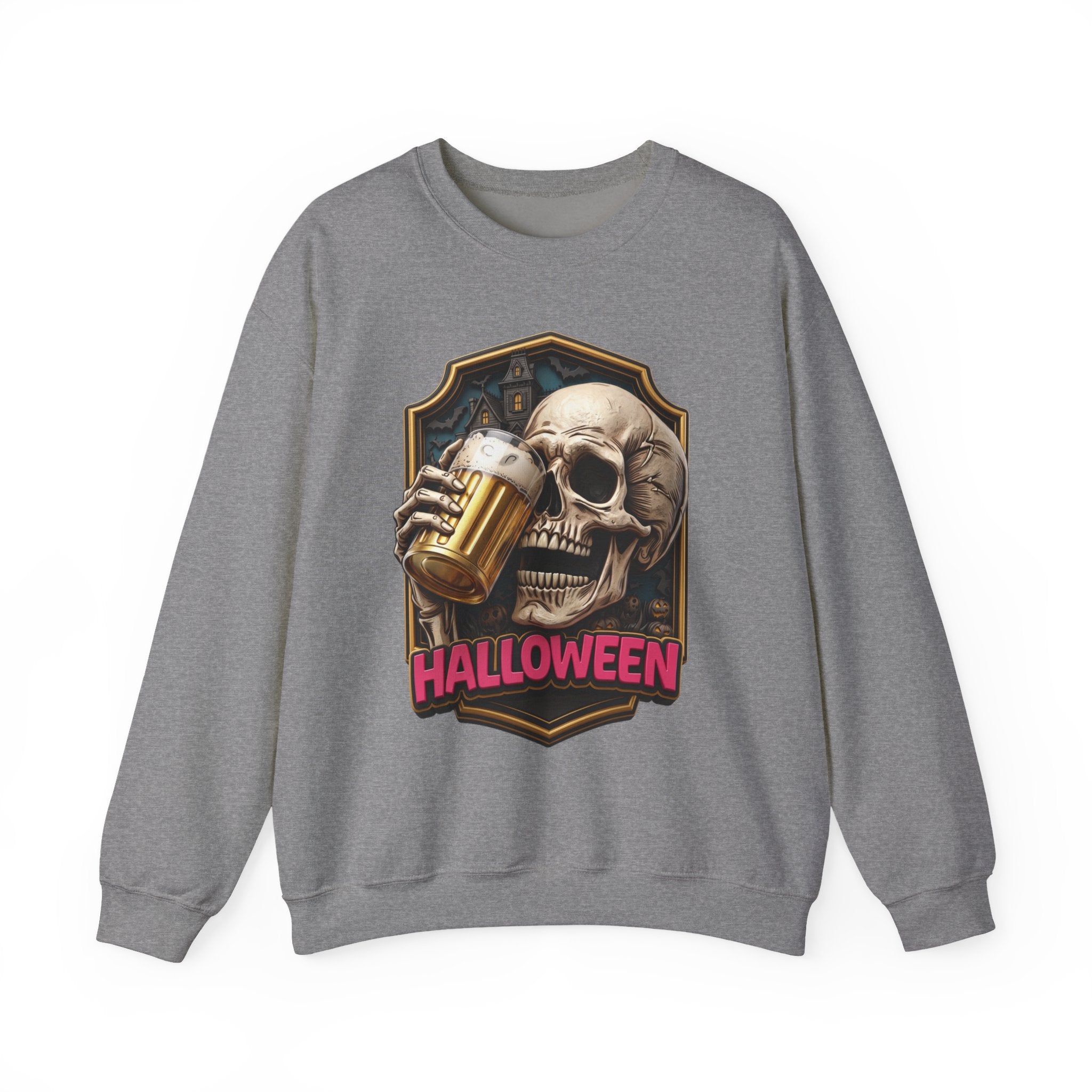 Graphite Heather crewneck sweatshirt laid flat, printed with a cracked skull lifts a frothy beer mug inside