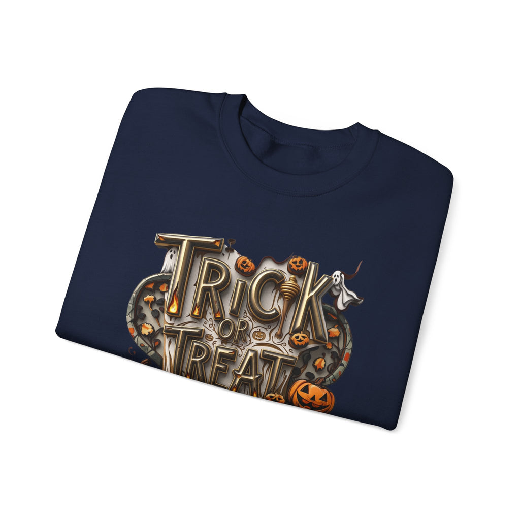 Navy crewneck sweatshirt folded to show the carved metallic lettering reading trick or treat yourself sits print