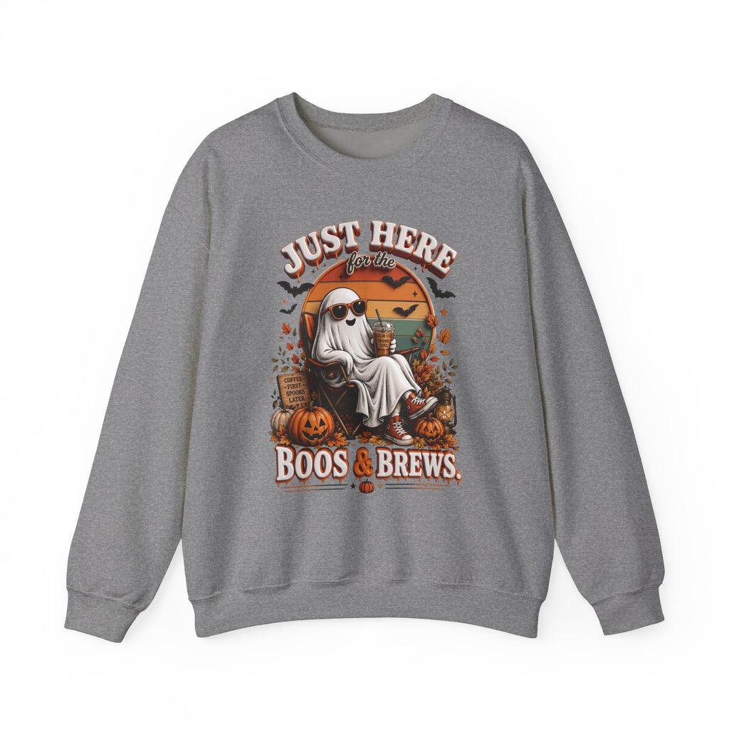 Graphite Heather crewneck sweatshirt laid flat, printed with a ghost in sunglasses kicks back with an iced coffee