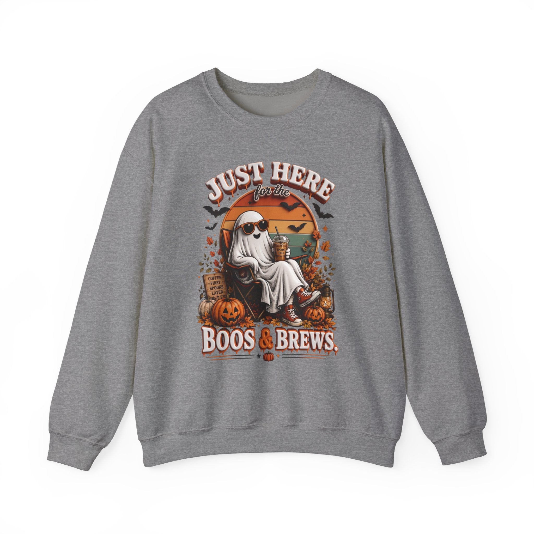 Graphite Heather crewneck sweatshirt laid flat, printed with a ghost in sunglasses kicks back with an iced coffee