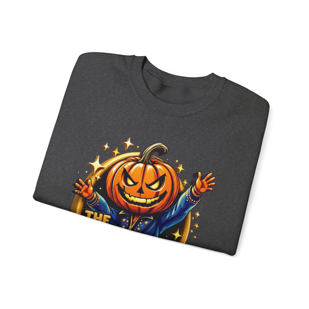 Dark Heather crewneck sweatshirt folded to show the grinning jack-o-lantern head in a blue jacket throws print