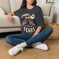 Dark Heather Grey t-shirt laid flat, printed with a two skeleton hands toasting champagne glasses with bats above