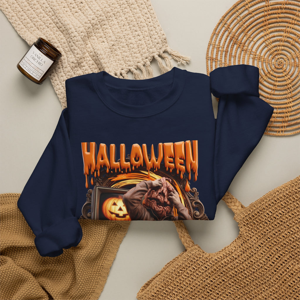 Navy crewneck sweatshirt styled flat with a candle — hunched monster clawing its own head