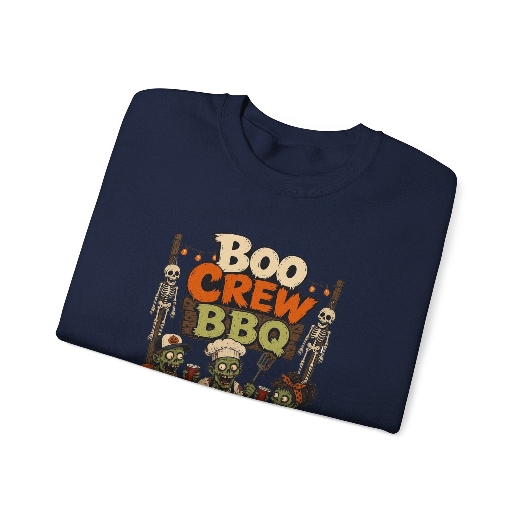 Navy crewneck sweatshirt folded to show the skeletons and zombies working the grill under a hand-painted print