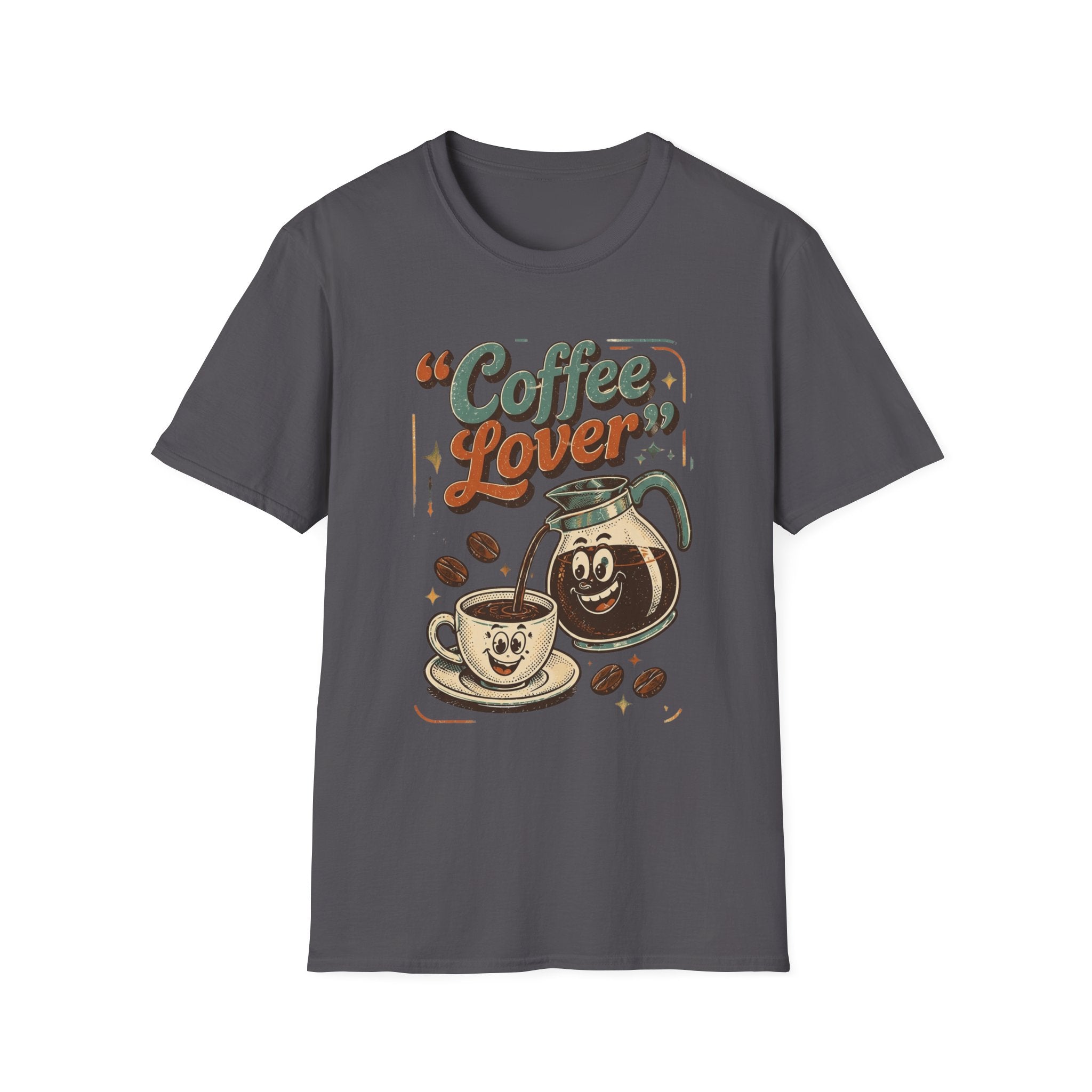 Charcoal t-shirt laid flat, printed with a retro coffee pot and steaming cup under the words