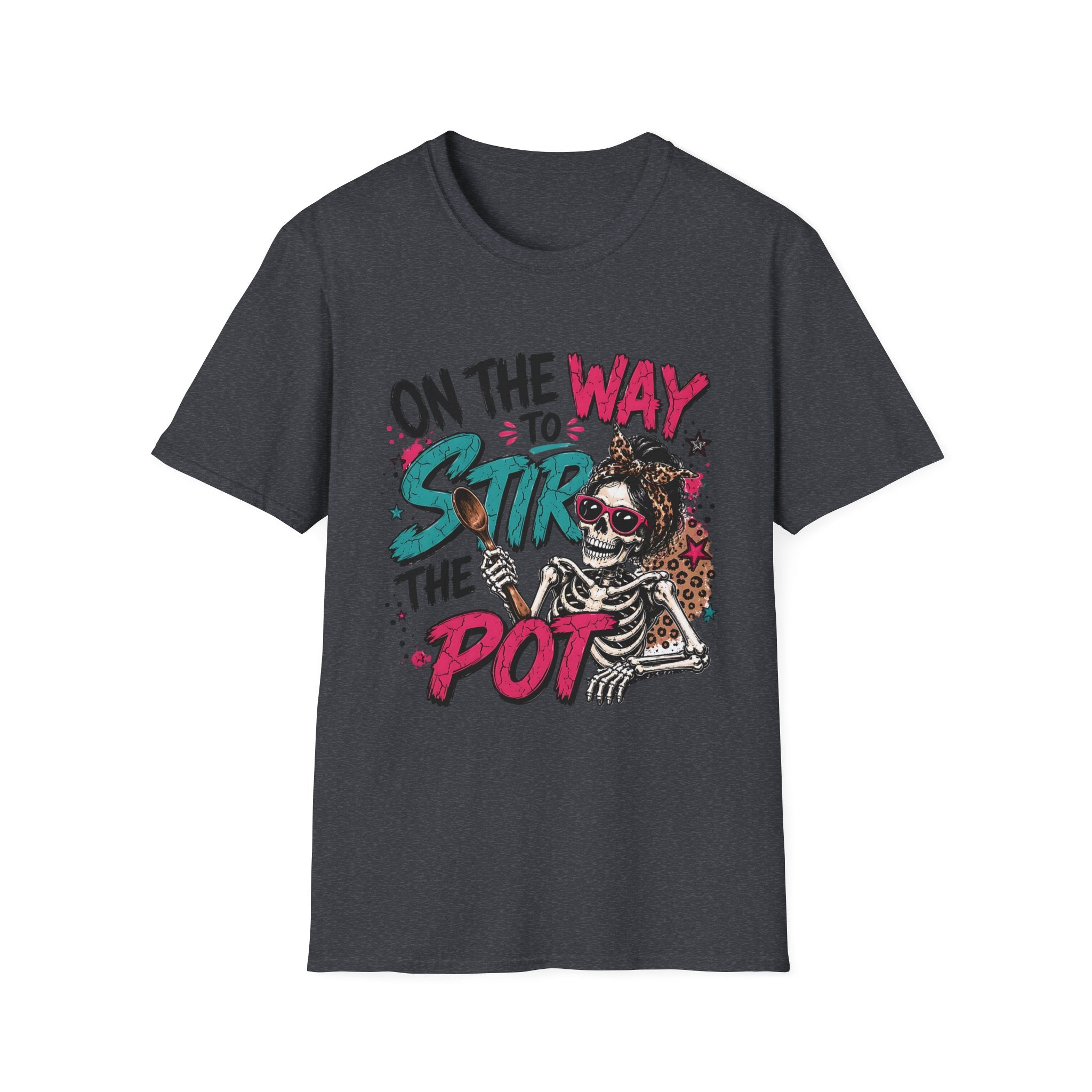 Dark Heather Grey t-shirt, plain back — skeleton with teal and pink lettering on the front