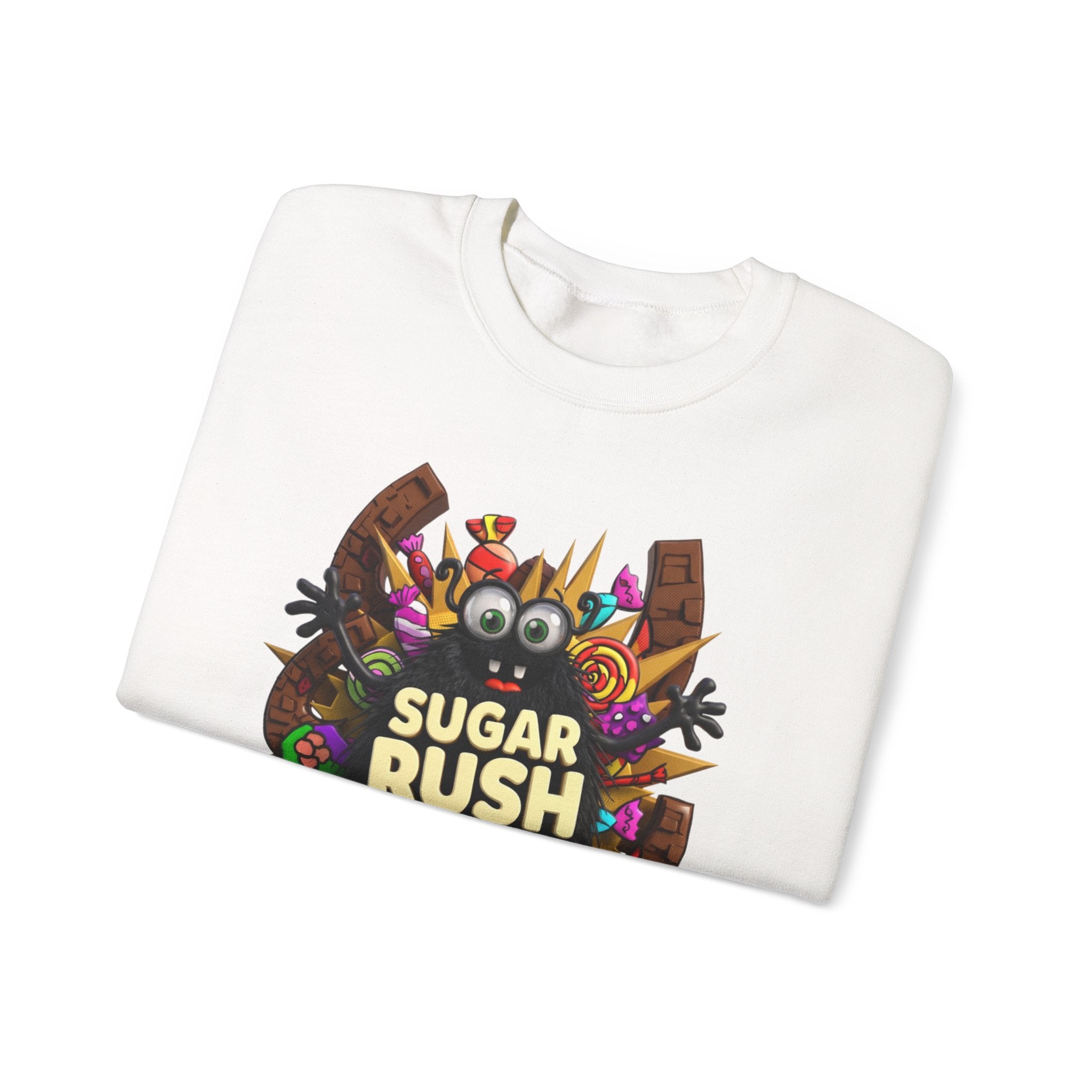White crewneck sweatshirt folded to show the fuzzy black monster with big googly eyes bursts out print