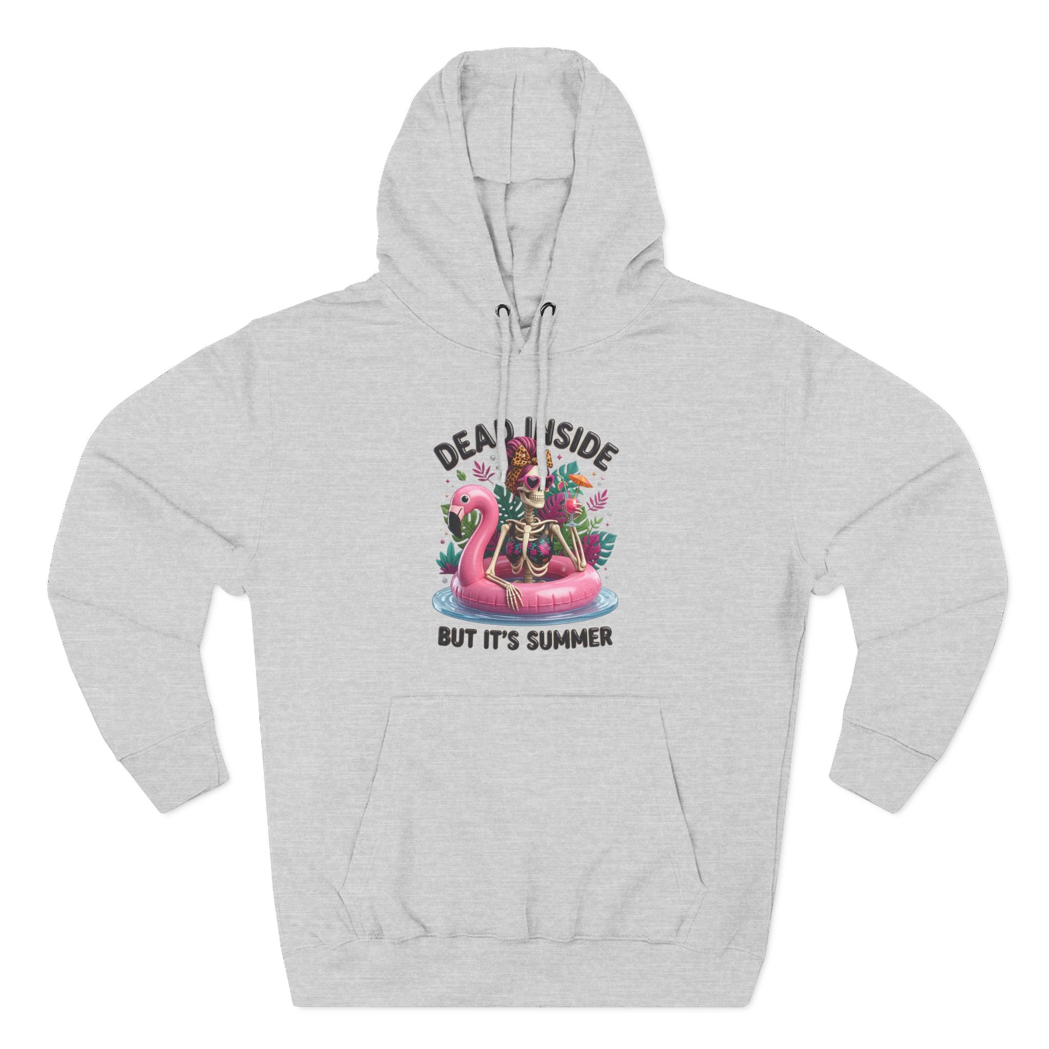 Heather Grey hoodie laid flat, printed with a deadpan summer joke for people who run cold