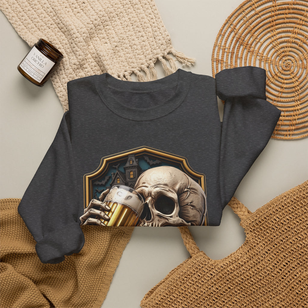 Dark Heather crewneck sweatshirt styled flat with a candle — cracked skull with a beer mug