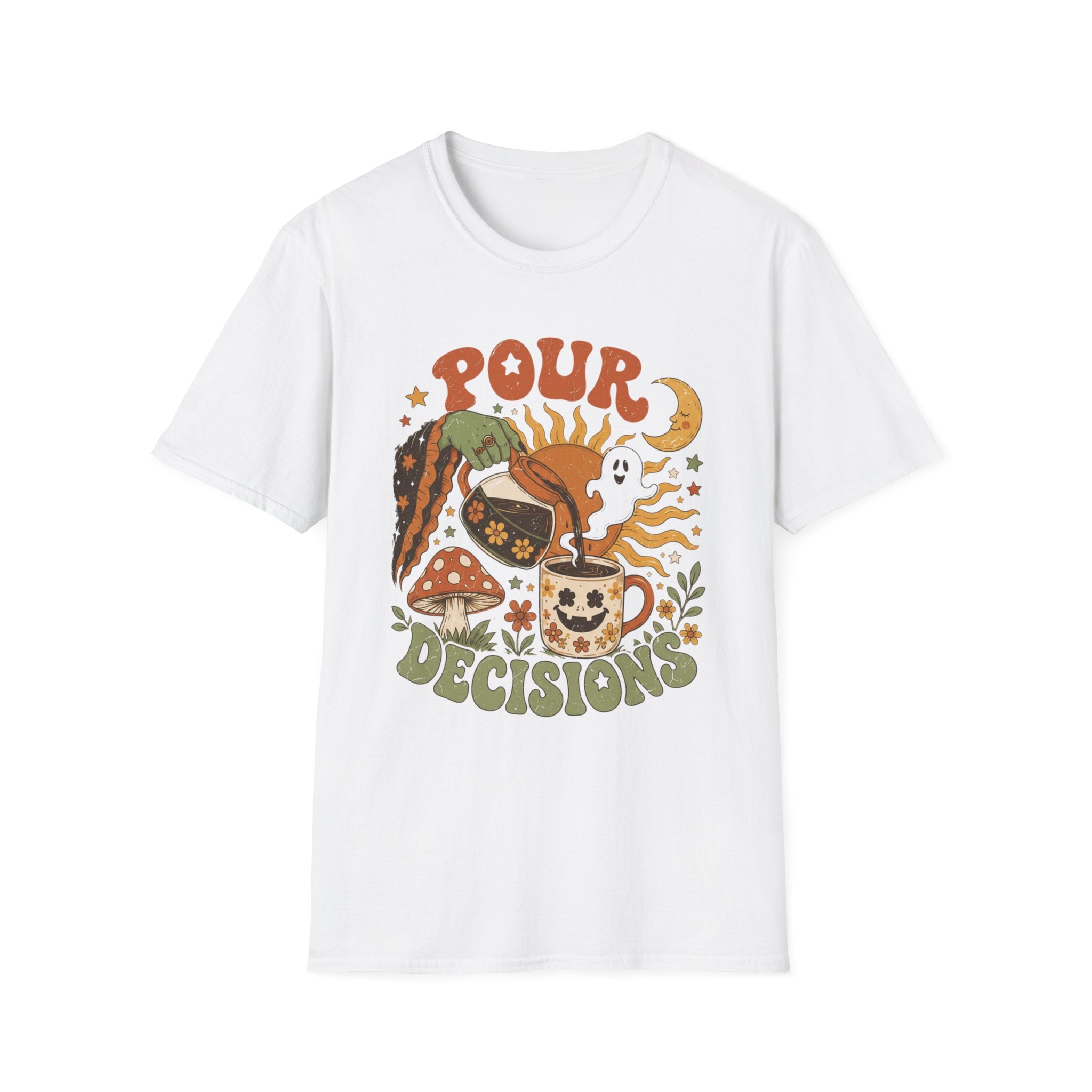 White t-shirt laid flat, printed with a green witch hand tipping a flower-patterned coffee pot into