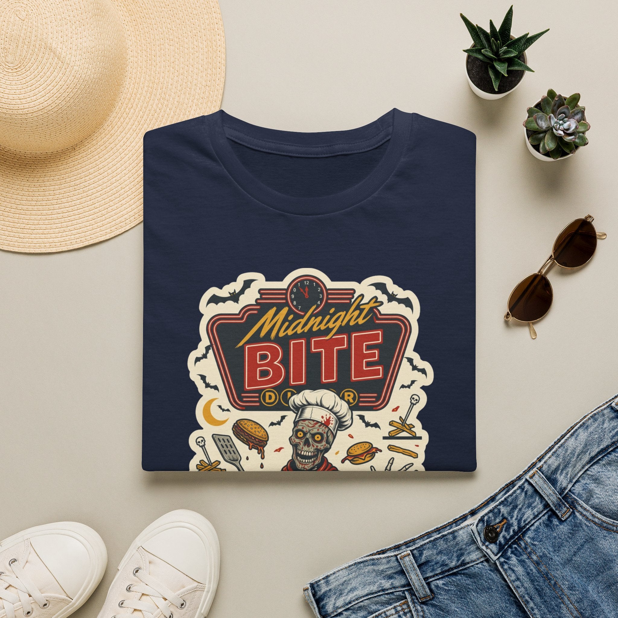 Navy t-shirt styled flat with a candle — late-night diner sign