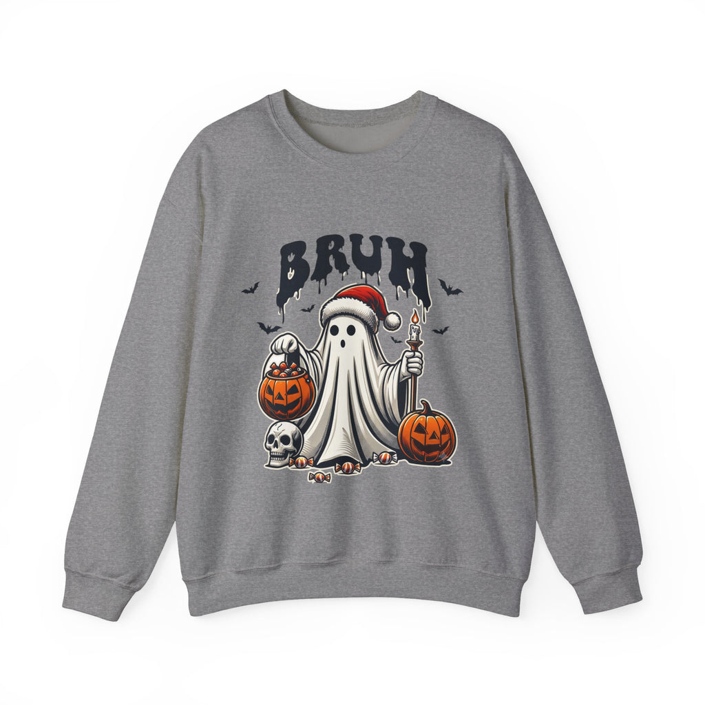 Graphite Heather crewneck sweatshirt laid flat, printed with a bats above