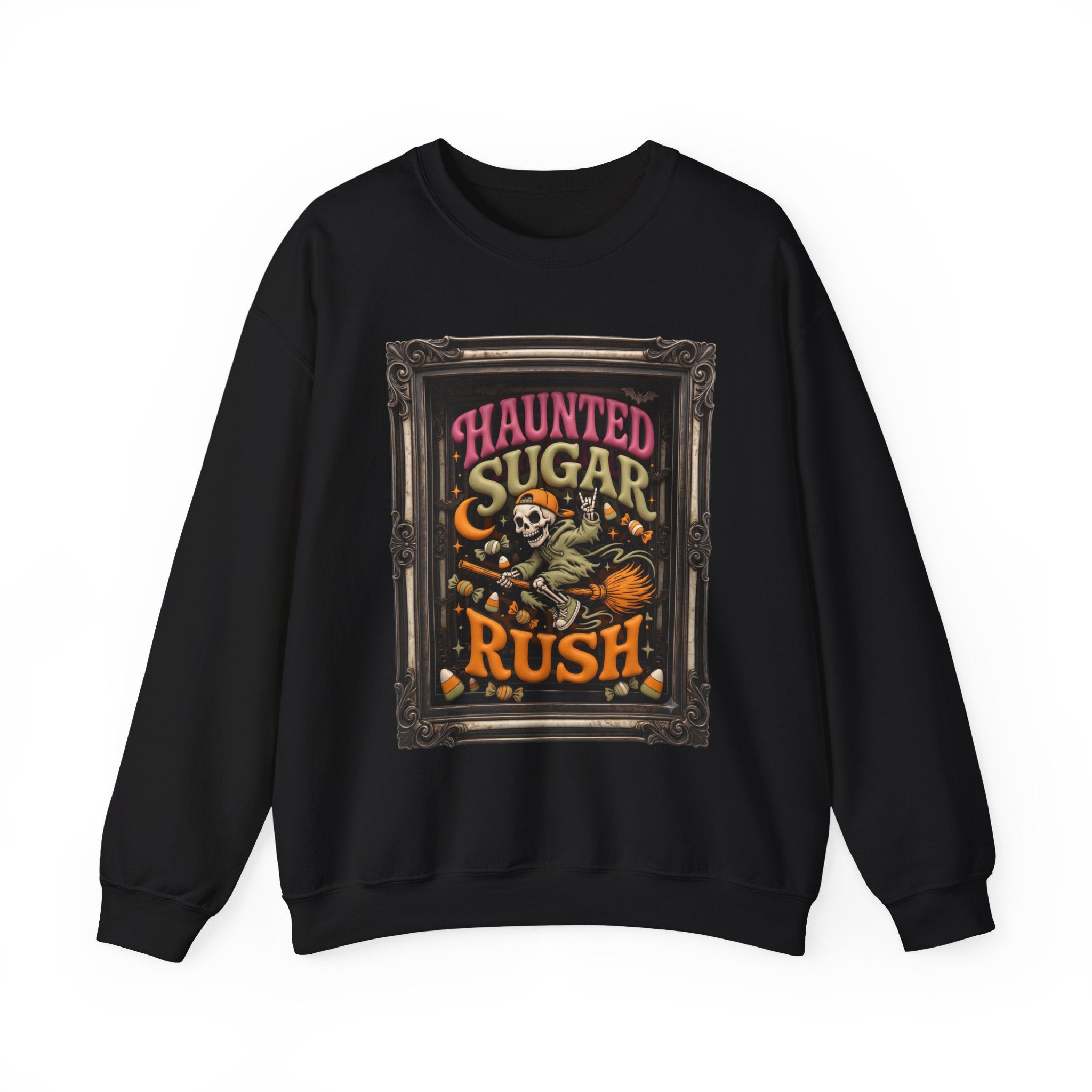 Black crewneck sweatshirt laid flat, printed with a hooded skeleton rides a broom past a crescent moon