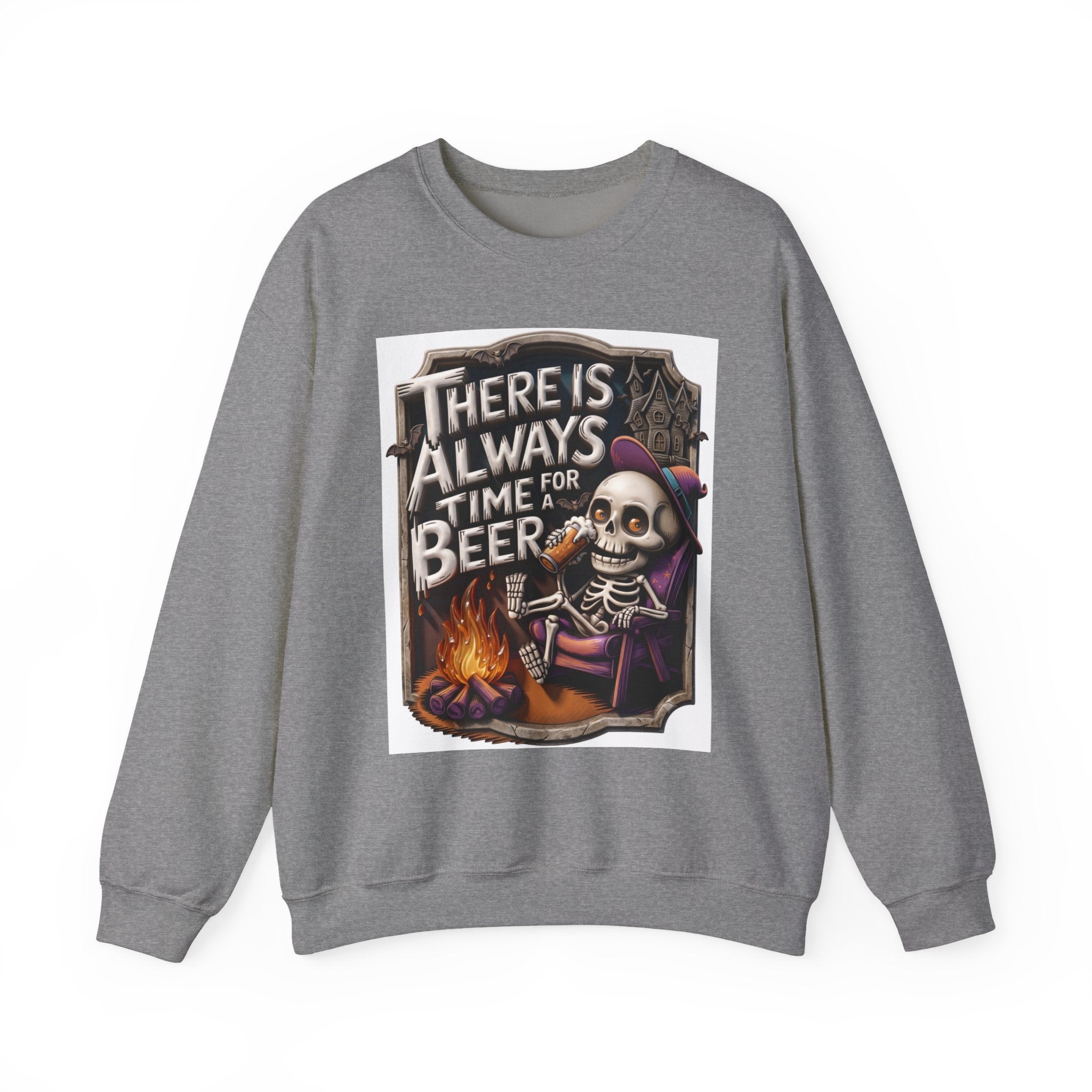 Graphite Heather crewneck sweatshirt laid flat, printed with a skeleton in a floppy purple hat kicks back
