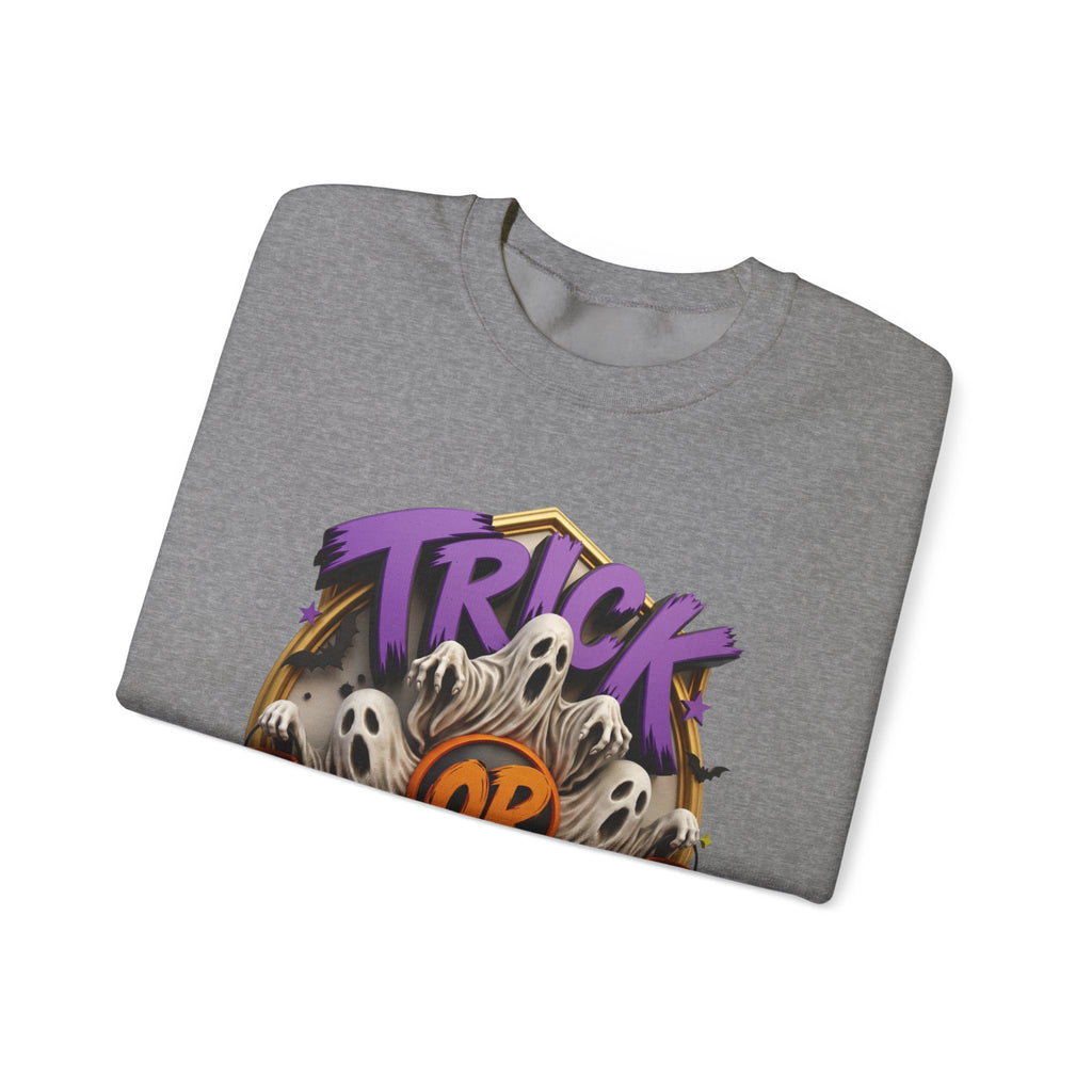 Graphite Heather crewneck sweatshirt folded to show the huddle of wide-mouthed ghosts rises between two carved pumpkins print