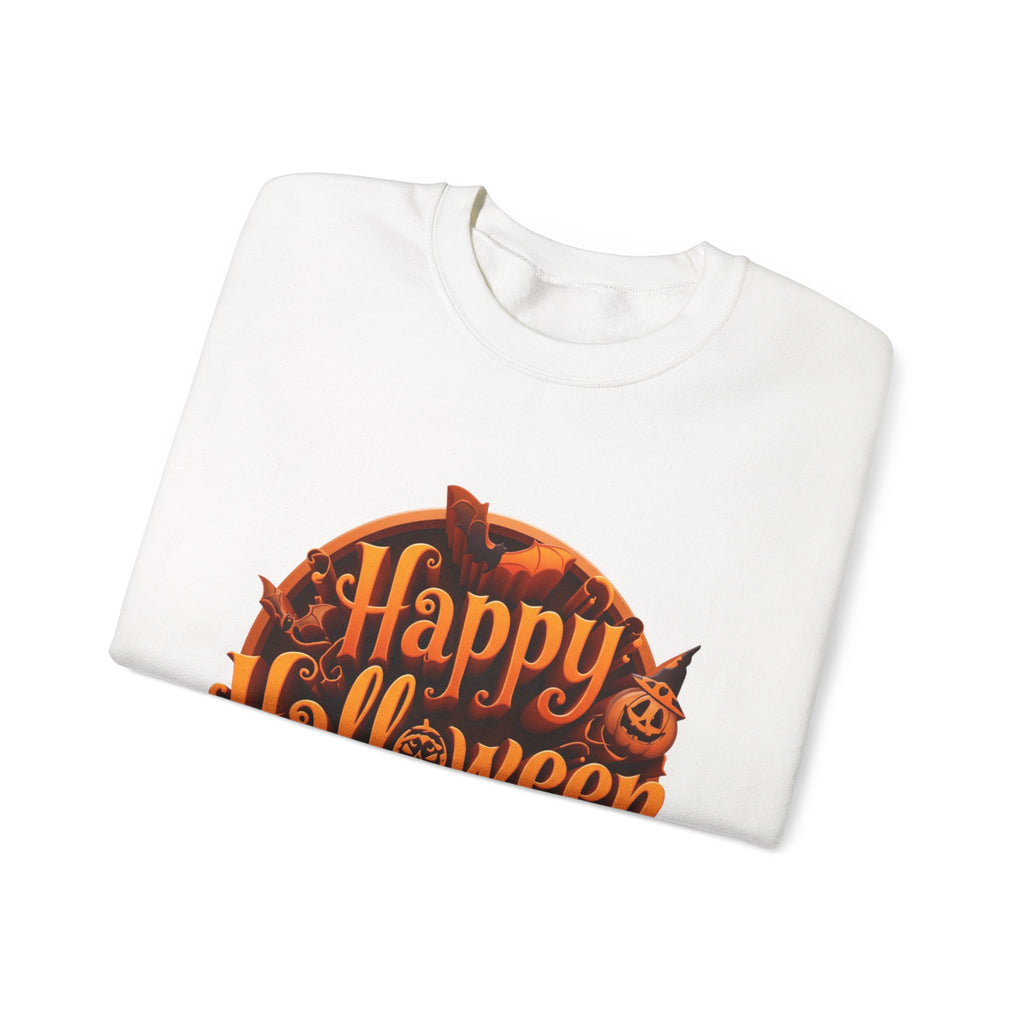 White crewneck sweatshirt folded to show the glowing orange happy halloween script fills a round badge print