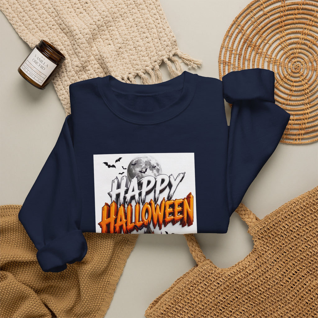 Navy crewneck sweatshirt styled flat with a candle — haunted house with pumpkins and ghosts