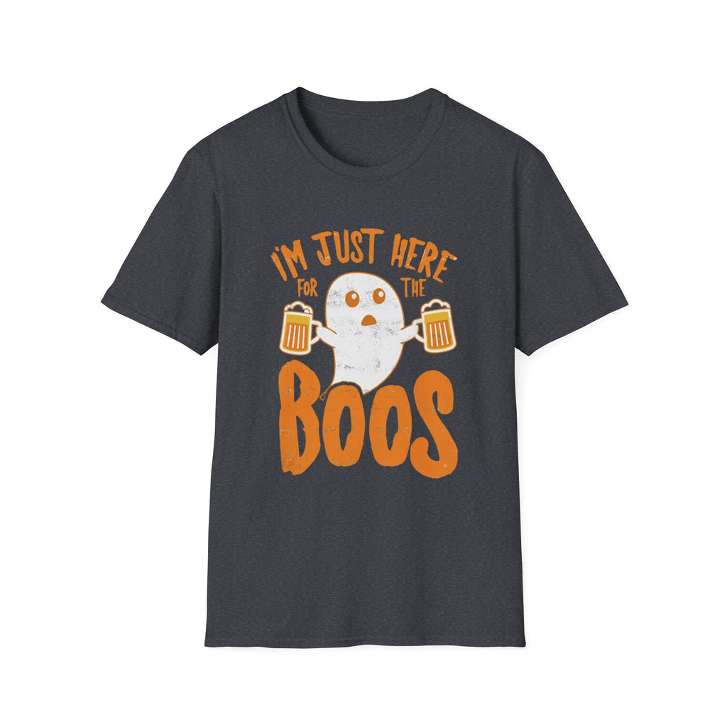Dark Heather Grey t-shirt, plain back — wide-eyed ghost raising a frothy pint on the front