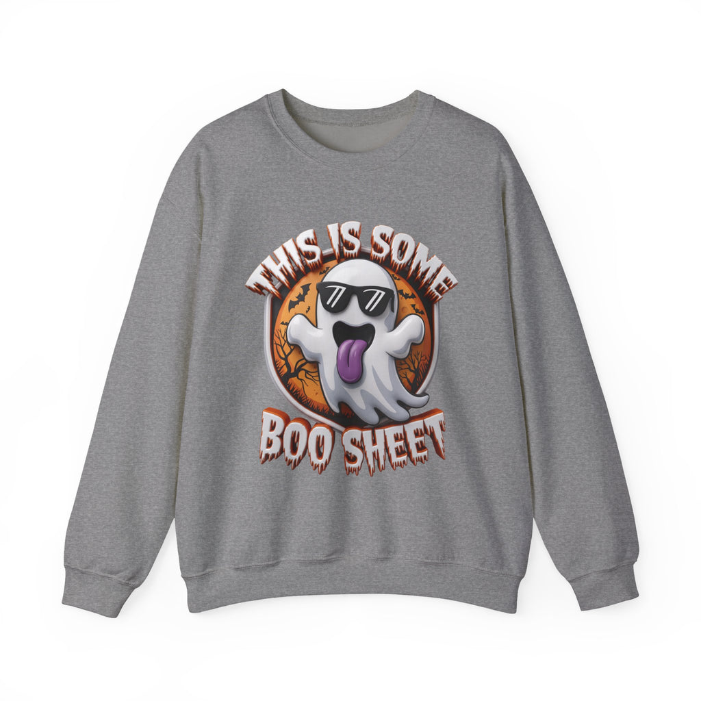 Graphite Heather crewneck sweatshirt laid flat, printed with a cartoon ghost in dark sunglasses sticks its purple tongue