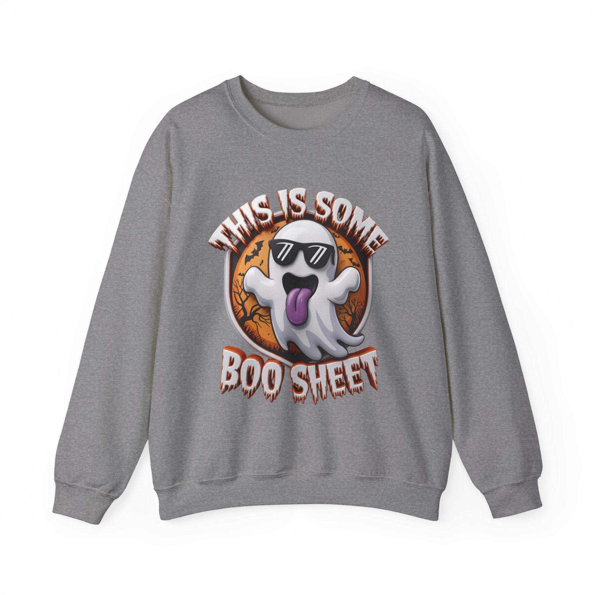 Graphite Heather crewneck sweatshirt laid flat, printed with a cartoon ghost in dark sunglasses sticks its purple tongue